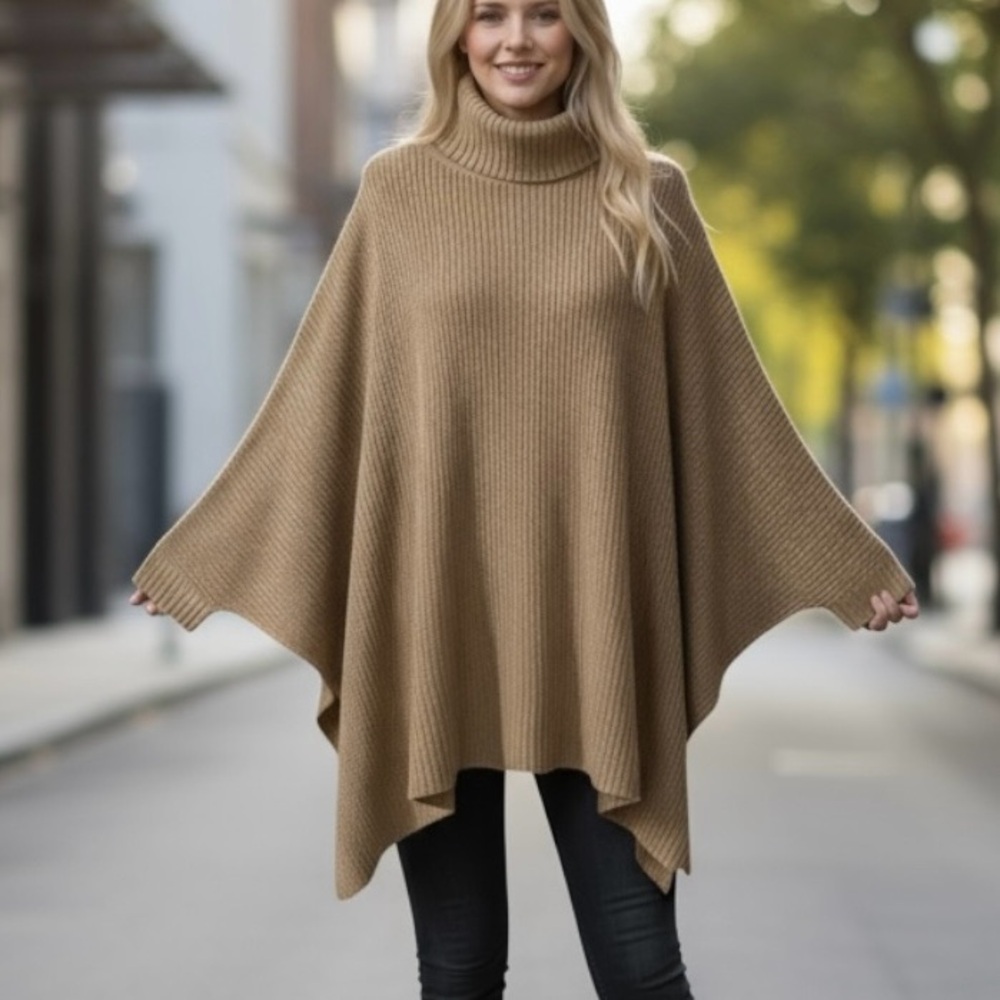 Six Crisp Days Batwing Poncho Sweater ONE SIZE Pullover Wool Turtleneck Tan